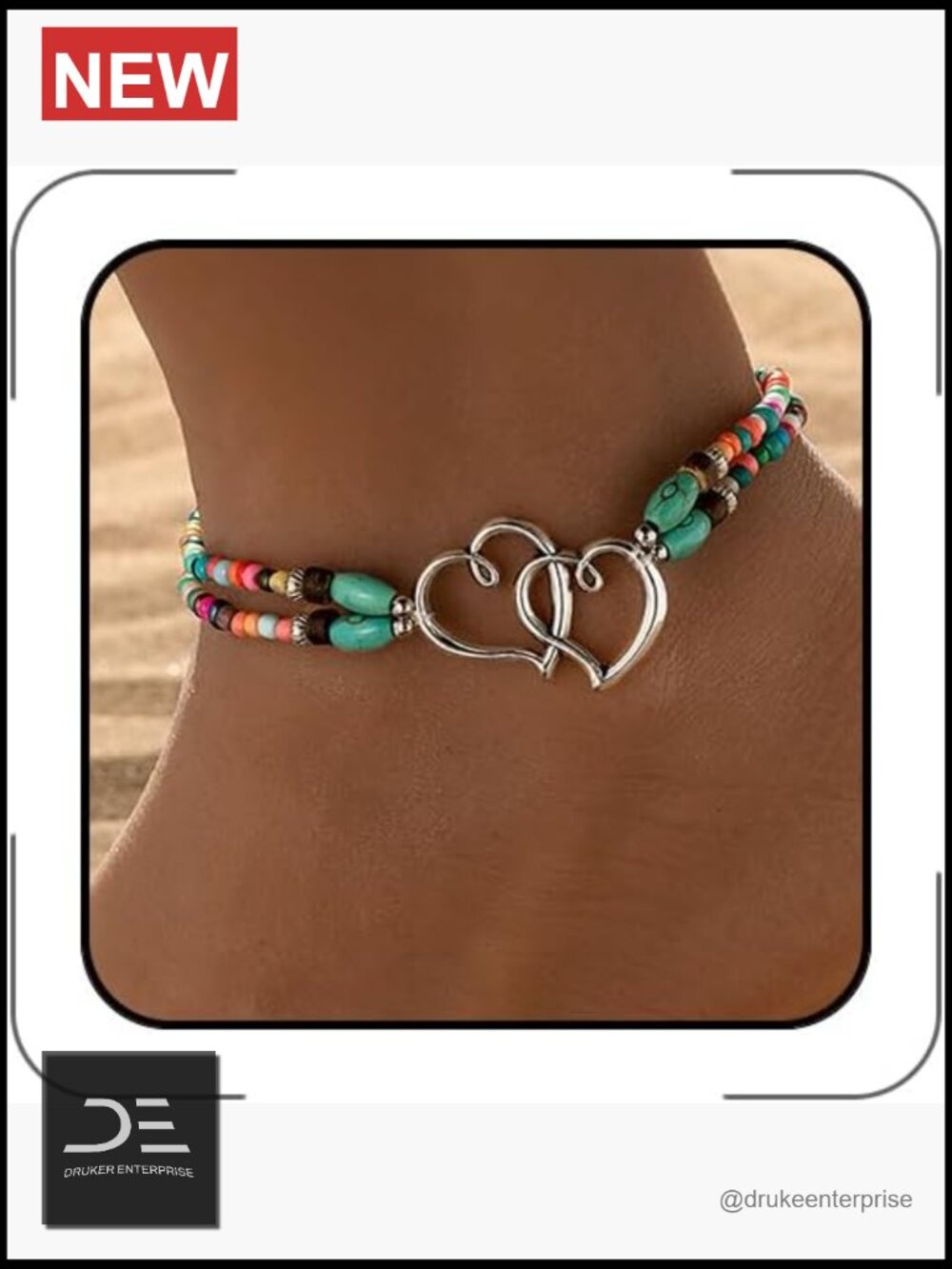 Beaded Double Heart Stretch Ankle Bracelet Summer Boho Beach Foot Jewelry